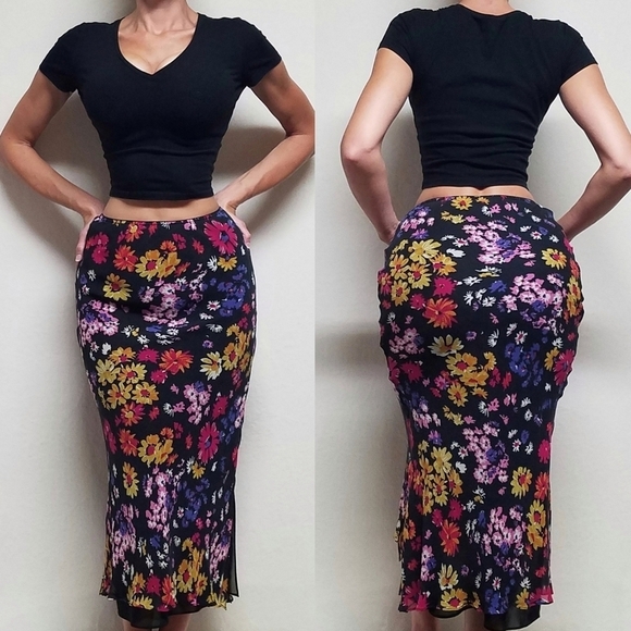 Vintage Dresses & Skirts - 90s-Y2K Vintage Retro Express Silk Chiffon Black Multi-color Floral Midi Skirt S